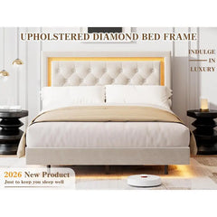 Garvee Floating Queen Platform Bed Frame with Smart LED Lights, Modern Upholstered Diamond Headboard, Sturdy Wood Slats, Noise-Free Design, Easy Assembly, Durable Bedroom Furniture