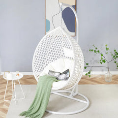 Hänge-Eiersessel mit Kissen und Polster, ergonomischer Komfort, klappbarer Terrassenstuhl mit handgewebtem PE-Rattan, rostfreier Rahmen für Garten, Veranda, Hinterhofmöbel
