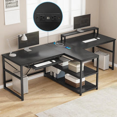 94.5" Long Two Person Computer Desk with LED Lights – Home Office Work Desk