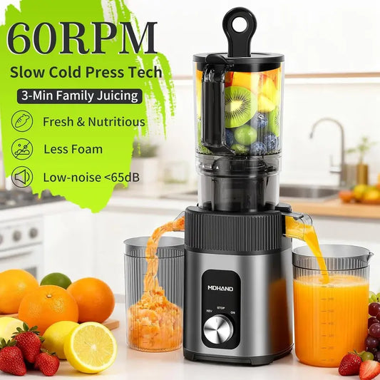 MDHAND Cold Press Juicer - Juicer Machines, 200W Juicer with 112mm Large Feed Chute, Quiet & Powerful 60 RPM, Reverse Function, Easy to Clean, Stainless Steel Housing#fathersdaygift