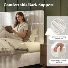 [DealsForYouDays][Summerwins] AMERLIFE Upholstered Bed Frame, Corduroy Platform Bed with 3.5" Thick Gap-Free Headboard, Fully Padded, Metal Frame with Strong Slats, No Box Spring Needed