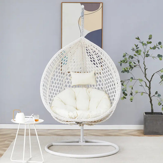 Hanging Egg Chair with Cushions and Pillow Ergonomic Comfort Foldable Patio Chair with Handwoven PE Wicker Rust Proof Frame for Garden Porch Backyard Furniture