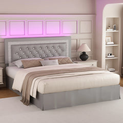 Cadre de lit flottant Garvee avec lumières LED intelligentes, tête de lit capitonnée en losange, support à lattes en bois massif, silencieux, pas besoin de sommier, montage facile, disponible en tailles King, Queen et Full