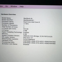 Apple MacBook Air 2020 13.3-Inch A2179 Intel Core i3 8GB RAM 256GB SSD Gold