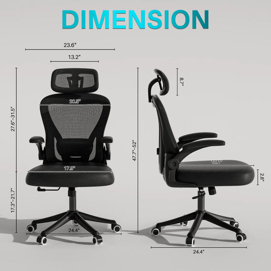 Black Ergonomic Office Chair – Computer Desk Chair with Wheels & Flip-Up Armrests