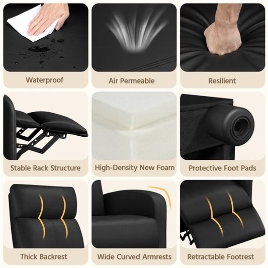 Black Modern Leather Recliner Chair, Single Reclining Sofa & Home Theater Seating