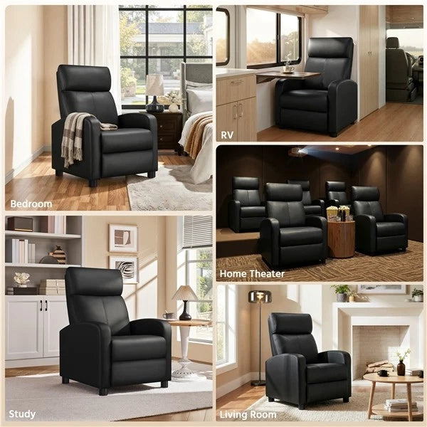Black Modern Leather Recliner Chair, Single Reclining Sofa & Home Theater Seating