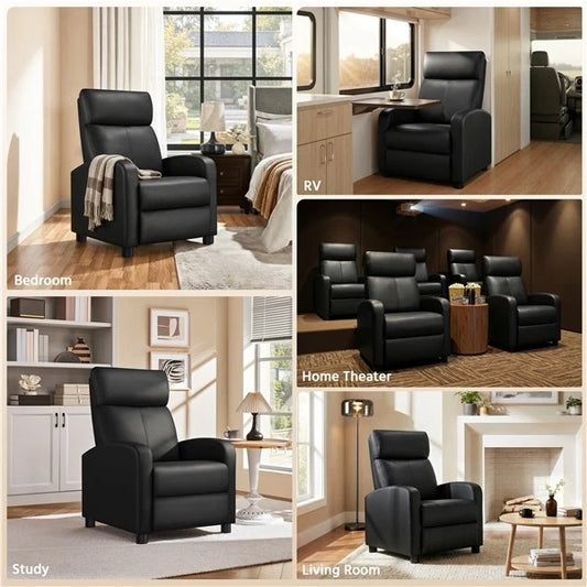 Black Modern Leather Recliner Chair, Single Reclining Sofa & Home Theater Seating