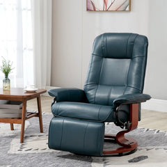 Blue Air Leather Manual Swivel Recliner Chair with Wooden Base