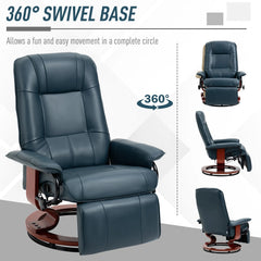 Blue Air Leather Manual Swivel Recliner Chair with Wooden Base