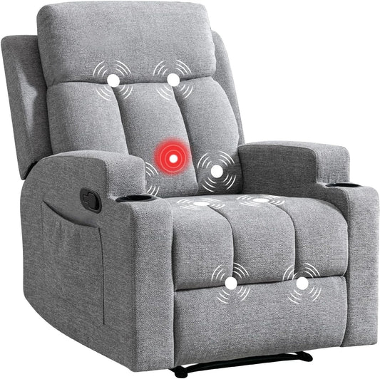Canmov Massage Recliner Chair with Heat, Soft Fabric Manual Recliner with 2 Cup Holders