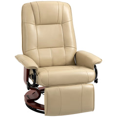 Cream White Air Leather Manual Swivel Recliner Chair with Wooden Base