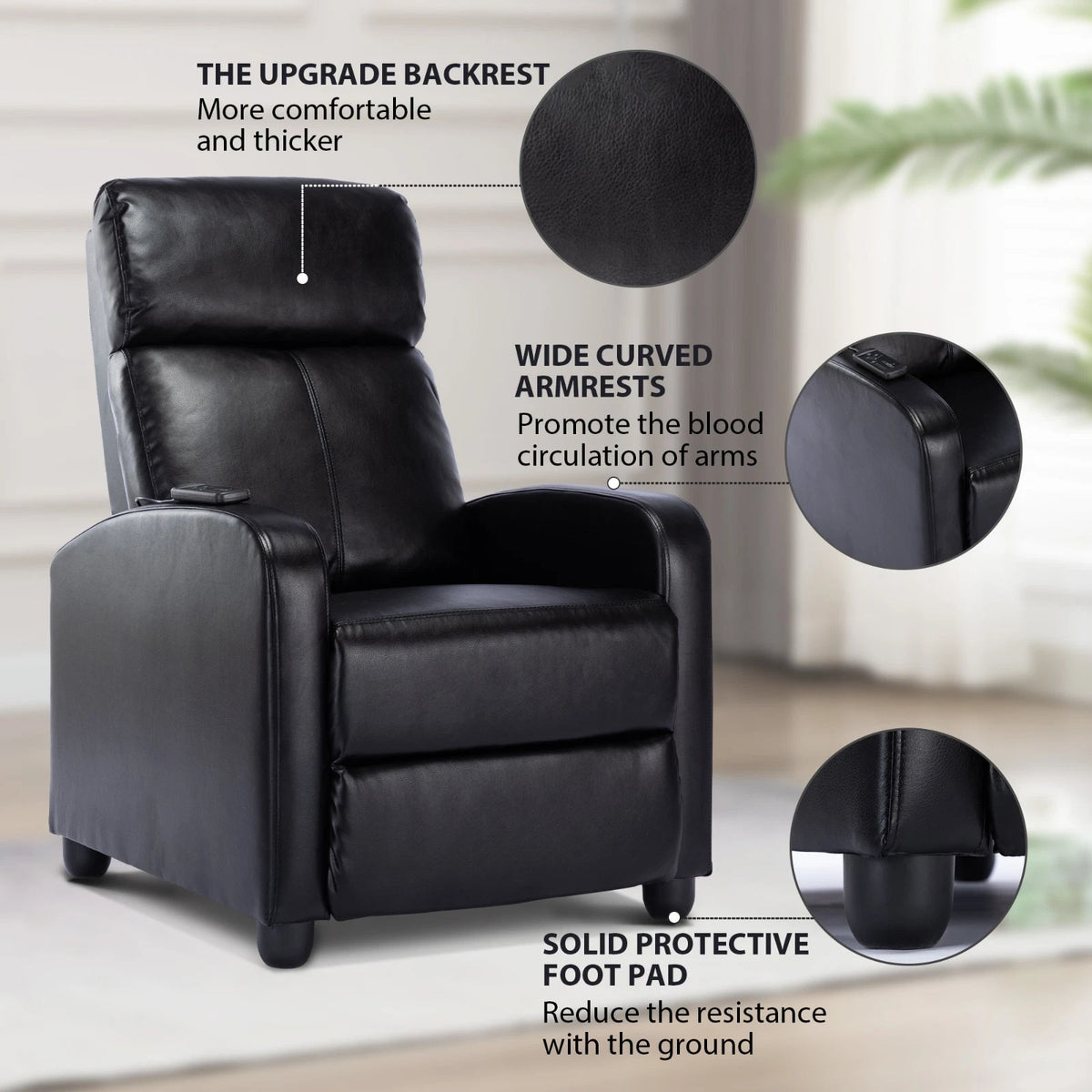 EBELLO Home Theater Recliner Chair with Massage, PU Leather Living Room Seating