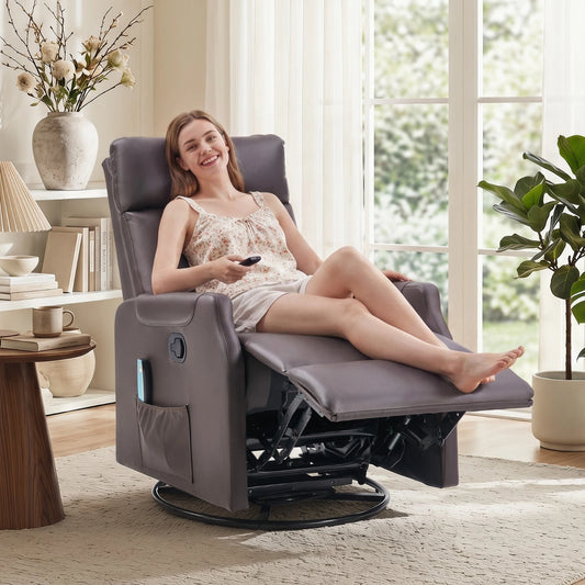 EBELLO Swivel Rocker Recliner Chair with Massage & Heat, PU Leather Manual Recliner