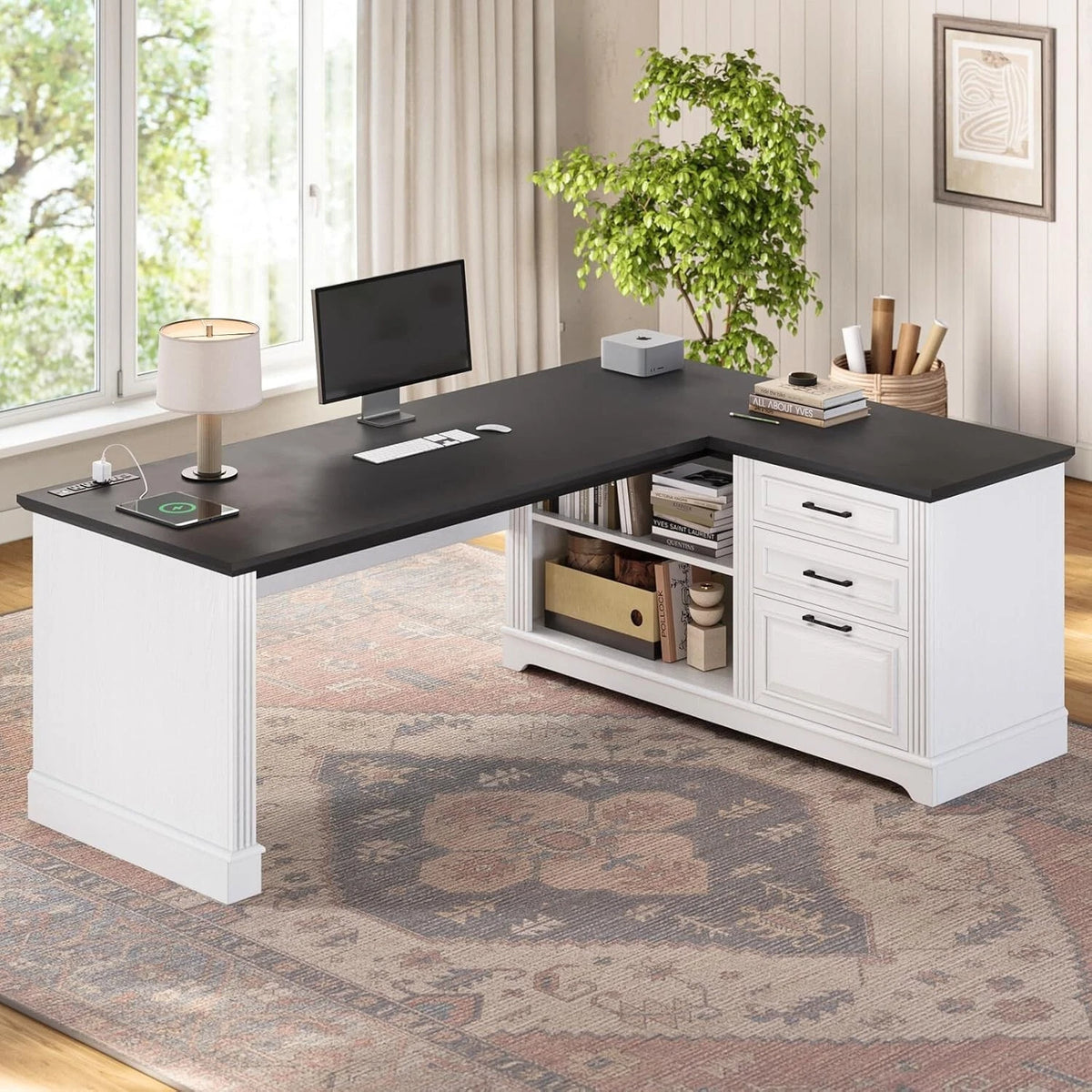 Farmhouse 61 L-Shaped Executive Computer Desk with Storage Shelves – Home Office Desk