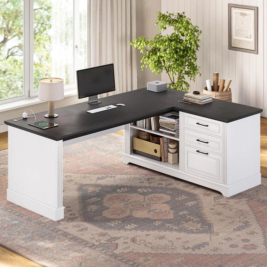 Farmhouse 61 L-Shaped Executive Computer Desk with Storage Shelves – Home Office Desk