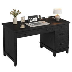 Farmhouse Executive Home Office Desk with Drawers & Charging Station – Computer Work Desk