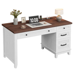 Farmhouse Executive Home Office Desk with Drawers & Charging Station – Computer Work Desk