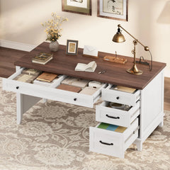 Farmhouse Executive Home Office Desk with Drawers & Charging Station – Computer Work Desk