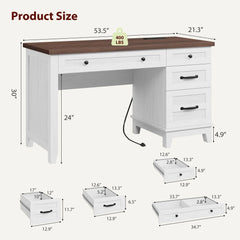 Farmhouse Executive Home Office Desk with Drawers & Charging Station – Computer Work Desk