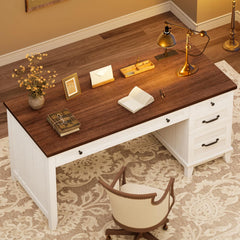 Farmhouse Executive Home Office Desk with Drawers & Charging Station – Computer Work Desk