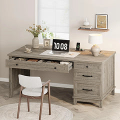 Farmhouse Executive Home Office Desk with Drawers & Charging Station – Computer Work Desk