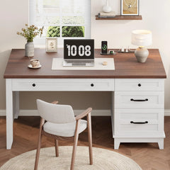 Farmhouse Executive Home Office Desk with Drawers & Charging Station – Computer Work Desk