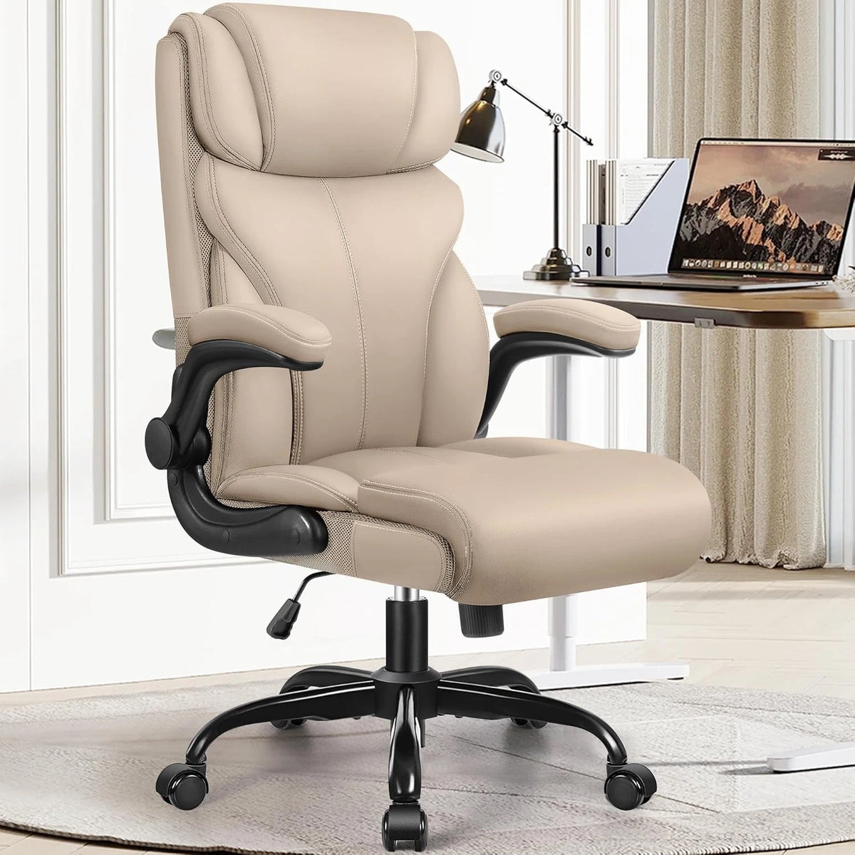 Khaki Ergonomic Executive Office Chair – Tall Breathable Leather Computer Desk Chair