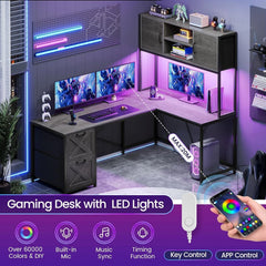 L Shaped Computer Desk with LED Lights, Hutch & Power Outlet – Home Office Desk