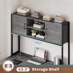 L Shaped Computer Desk with LED Lights, Hutch & Power Outlet – Home Office Desk