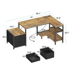 L Shaped Computer Desk with Power Outlets & File Drawer – Large Home Office Corner Desk
