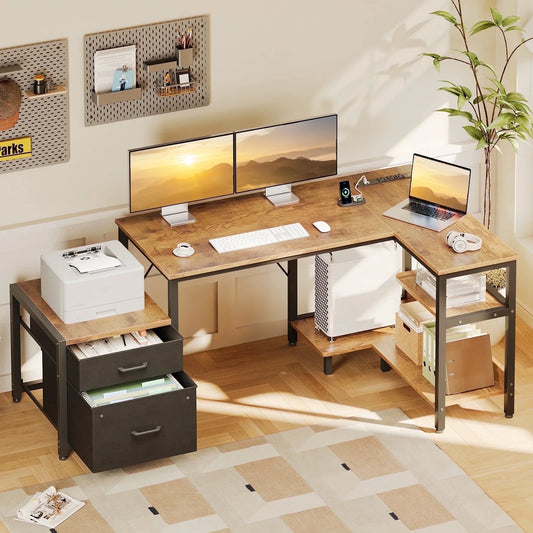 L Shaped Computer Desk with Power Outlets & File Drawer – Large Home Office Corner Desk