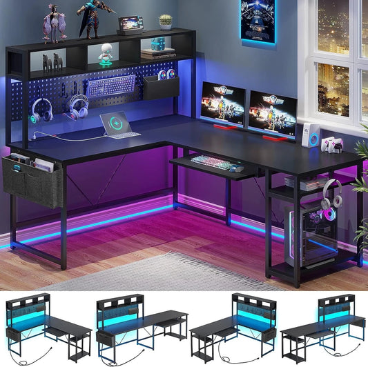 L Shaped Gaming Desk with LED Lights – Reversible Computer Desk with Keyboard Tray