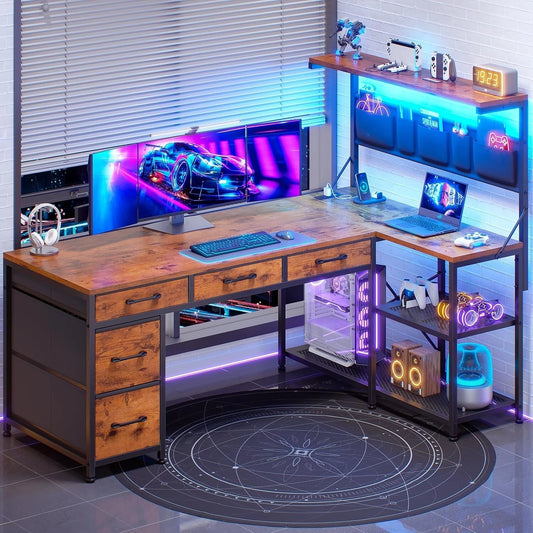 L Shaped Reversible Computer Desk with 5 Drawers & Storage Shelves – Home Office Desk