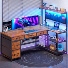 L Shaped Reversible Computer Desk with 5 Drawers & Storage Shelves – Home Office Desk
