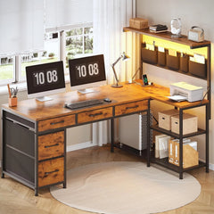 L Shaped Reversible Computer Desk with 5 Drawers & Storage Shelves – Home Office Desk