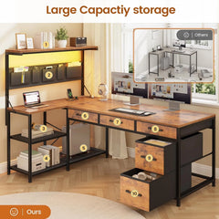 L Shaped Reversible Computer Desk with 5 Drawers & Storage Shelves – Home Office Desk