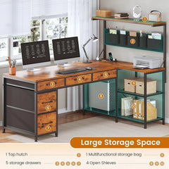 L Shaped Reversible Computer Desk with 5 Drawers & Storage Shelves – Home Office Desk