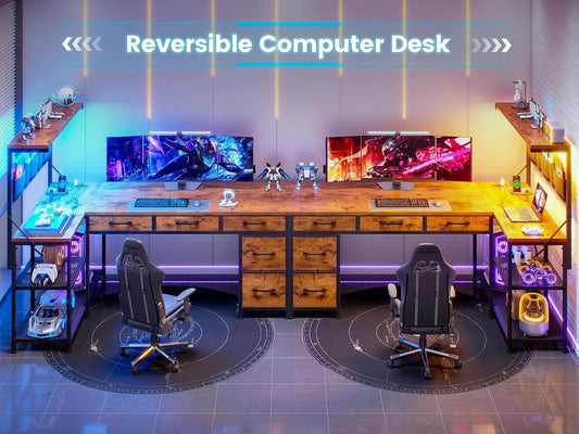 L Shaped Reversible Computer Desk with 5 Drawers & Storage Shelves – Home Office Desk