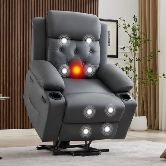 Oversized Power Lift Recliner Chair with Heat & Massage, Electric PU Leather Recliner