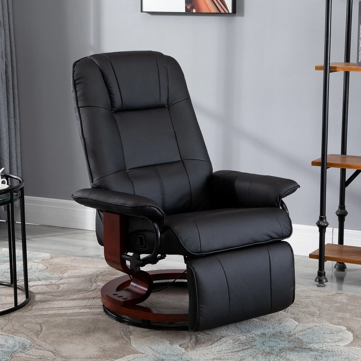 PU Leather Swivel Recliner Chair with Footrest, Adjustable Manual Reclining Chair, Black