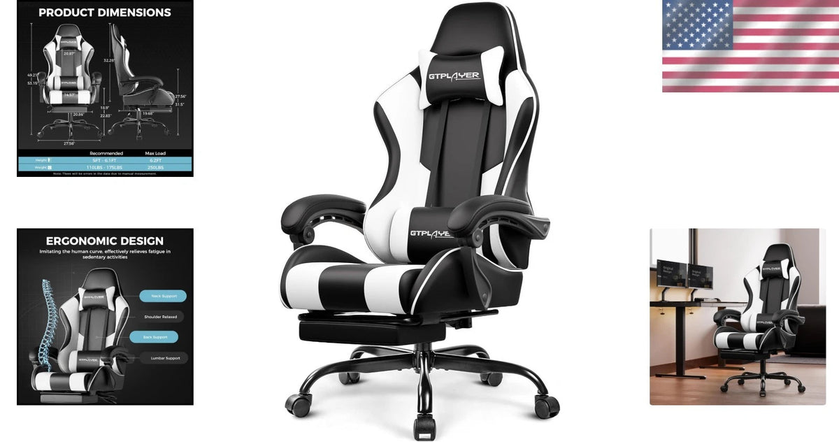 Pearl White Gaming Chair with Footrest – Ergonomic Gaming Desk Chair with Lumbar Support