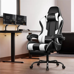 Pearl White Gaming Chair with Footrest – Ergonomic Gaming Desk Chair with Lumbar Support