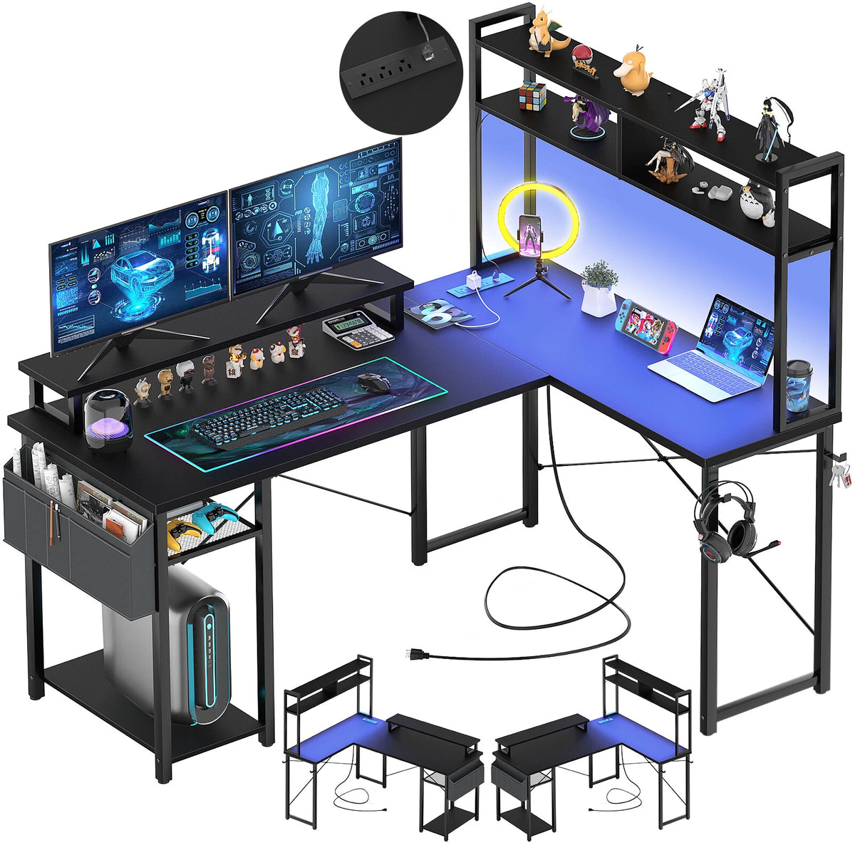 Reversible L Shaped Computer Gaming Desk with LED Lights & Power Outlets – Home Office Desk