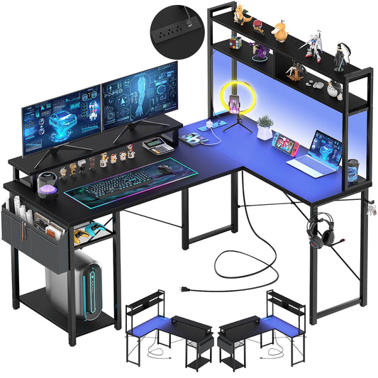 Reversible L Shaped Computer Gaming Desk with LED Lights & Power Outlets – Home Office Desk