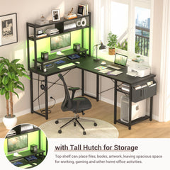 Reversible L Shaped Computer Gaming Desk with LED Lights & Power Outlets – Home Office Desk
