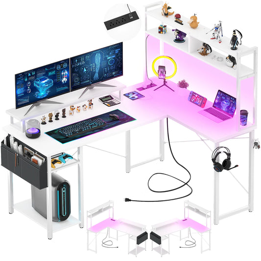 Reversible L Shaped Computer Gaming Desk with LED Lights & Power Outlets – Home Office Desk