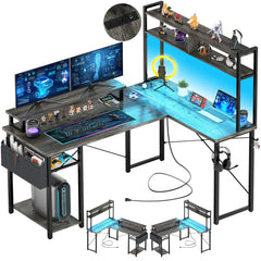 Reversible L Shaped Computer Gaming Desk with LED Lights & Power Outlets – Home Office Desk