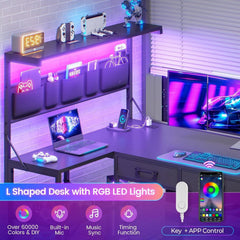 Reversible L Shaped Corner Computer Desk with 5 Drawers & LED Lights – Home Office Gaming Desk