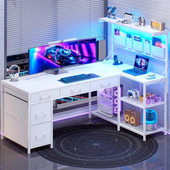 Reversible L Shaped Corner Computer Desk with 5 Drawers & LED Lights – Home Office Gaming Desk